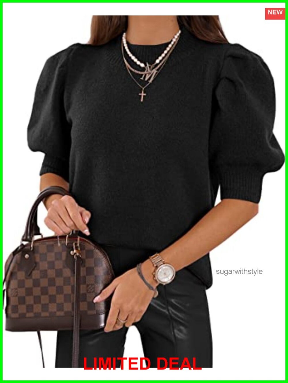 Womens Puff Short Sleeve Knit Sweater Top Crew Neck Casual T Shirt Blouse